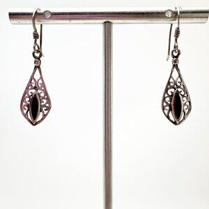 Sterling Silver 925 Black Enamel Scroll Design Dangle Earrings Size 1.25" Length